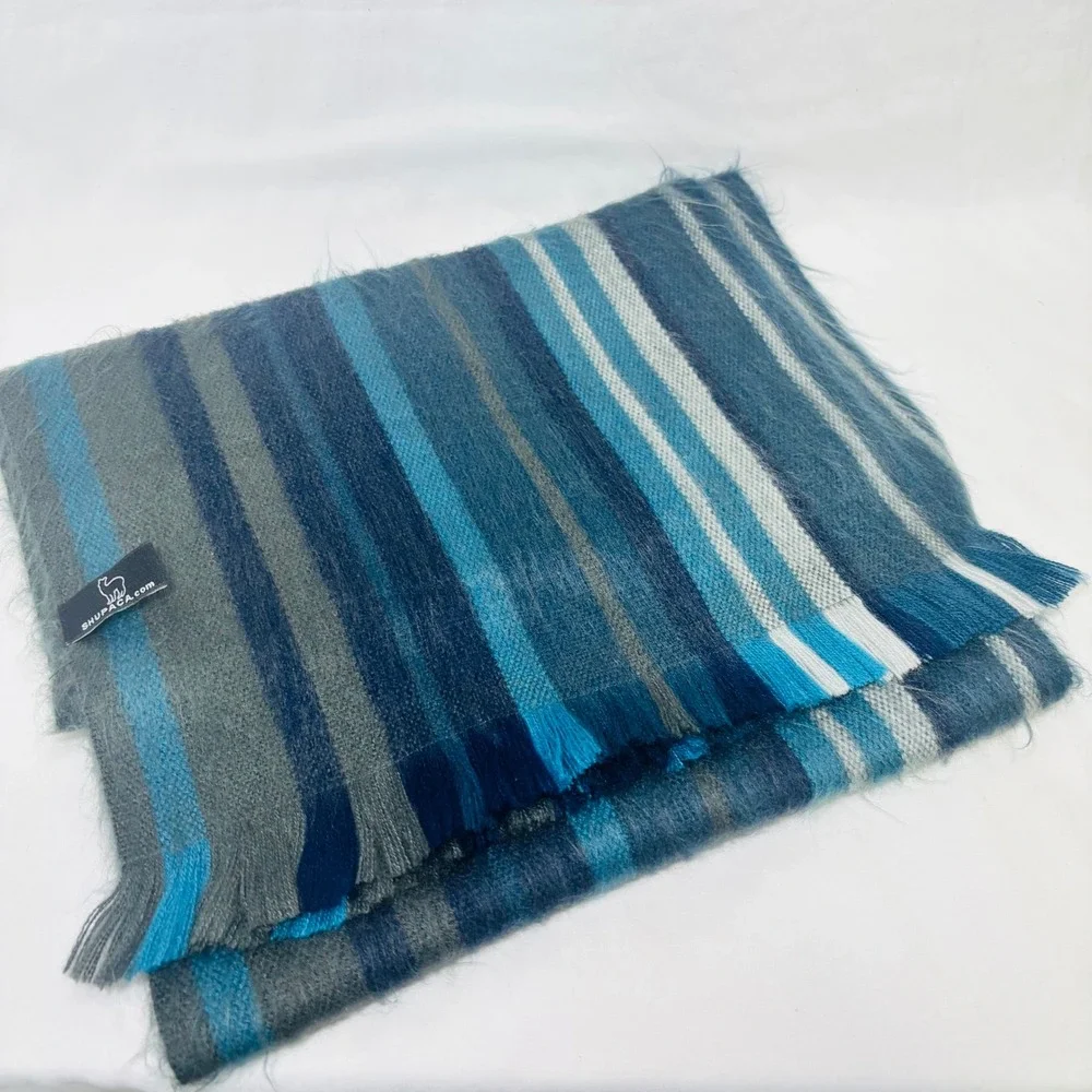 Shupaca Alpaca Blend Striped Scarf Blue Gray Fringe Handmade Ecuador